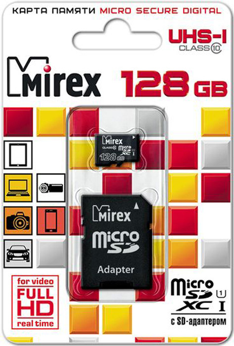 фото Карта памяти Mirex microSD UHS-I Сlass 10, с адаптером, 13613-AD10S128, 128GB, black