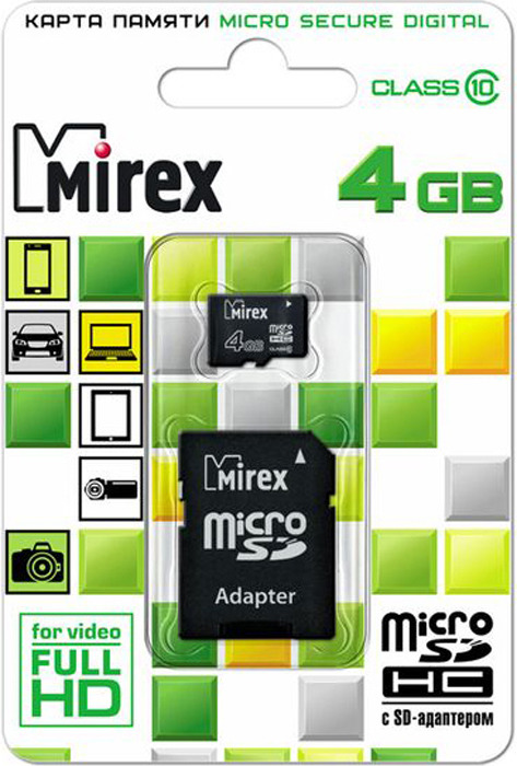 фото Карта памяти Mirex microSD Сlass 10, с адаптером, 13613-AD10SD04, 4GB, black