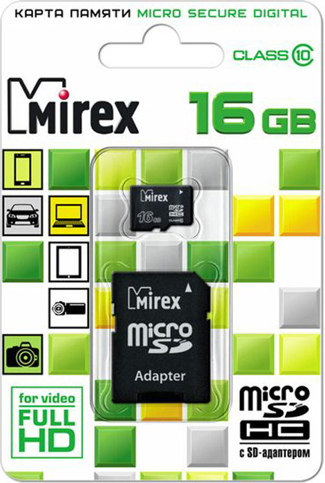 фото Карта памяти Mirex microSD Сlass 10, с адаптером, 13613-AD10SD16, 16GB, black