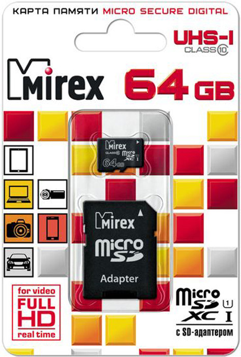 фото Карта памяти Mirex microSD UHS-I Сlass 10, с адаптером, 13613-AD10SD64, 64GB, black
