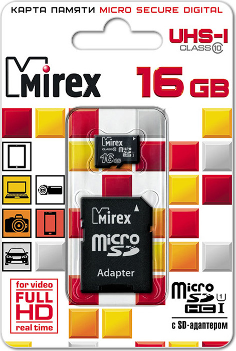 фото Карта памяти Mirex microSD UHS-I Сlass 10, с адаптером, 13613-ADSUHS16, 16GB, black