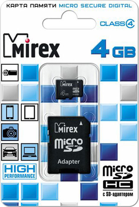 фото Карта памяти Mirex microSD Сlass 4, с адаптером, 13613-ADTMSD04, 4GB, black