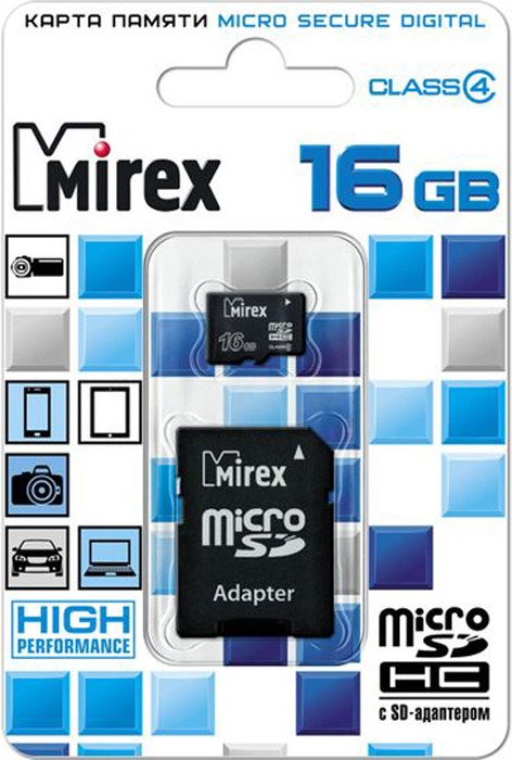 фото Карта памяти Mirex microSD Сlass 4, с адаптером, 13613-ADTMSD16, 16GB, black