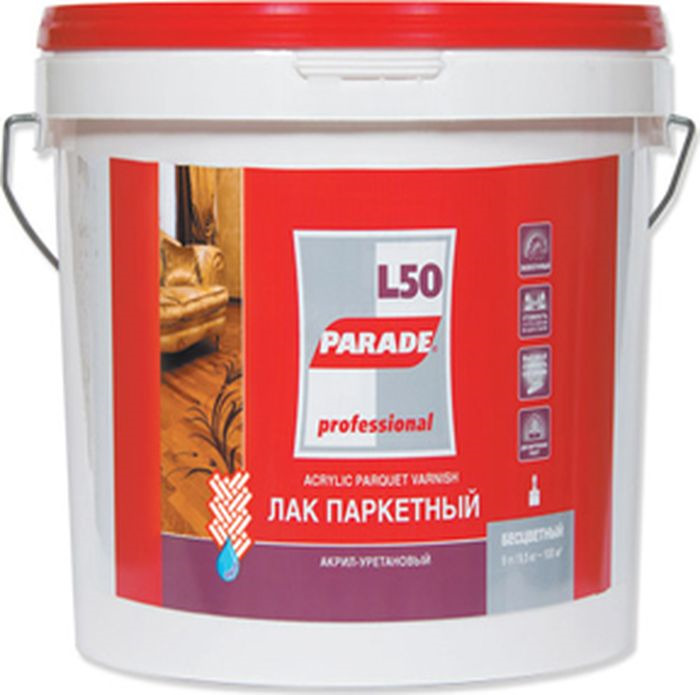 фото Лак Parade Professional L50 Aqua Parquet, акрил-уретановый, паркетный, глянцевый, 4603292019376, прозрачный, 0.75 л