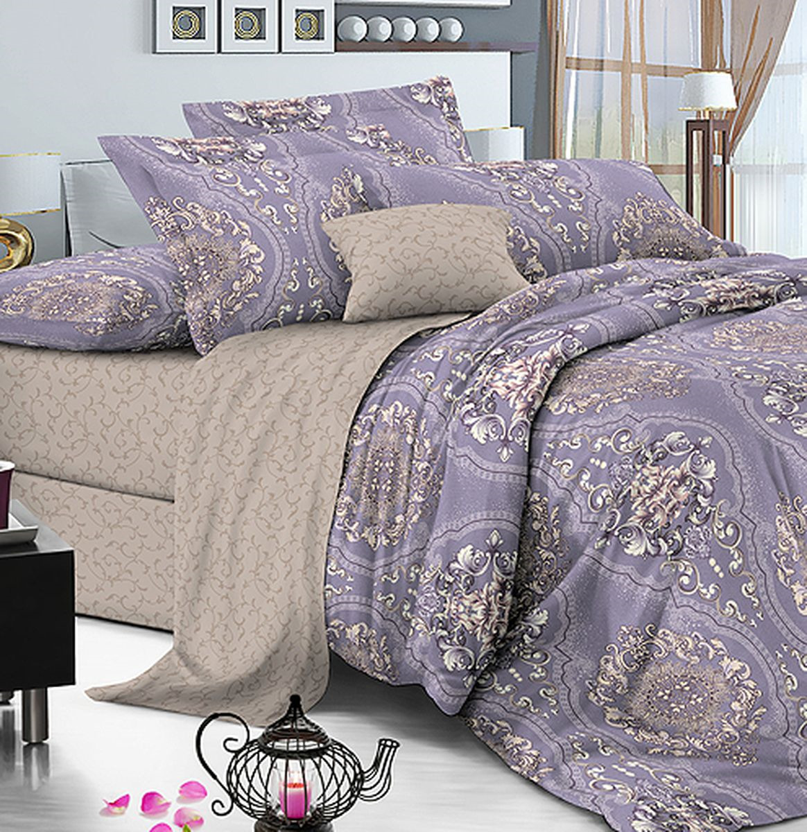 Комплект белья Amore Mio Gold Violetta, 7577, бежевый, фиолетовый, евро, наволочки 70x70 комплект белья amore mio gold violetta 7577 бежевый фиолетовый евро наволочки 70x70
