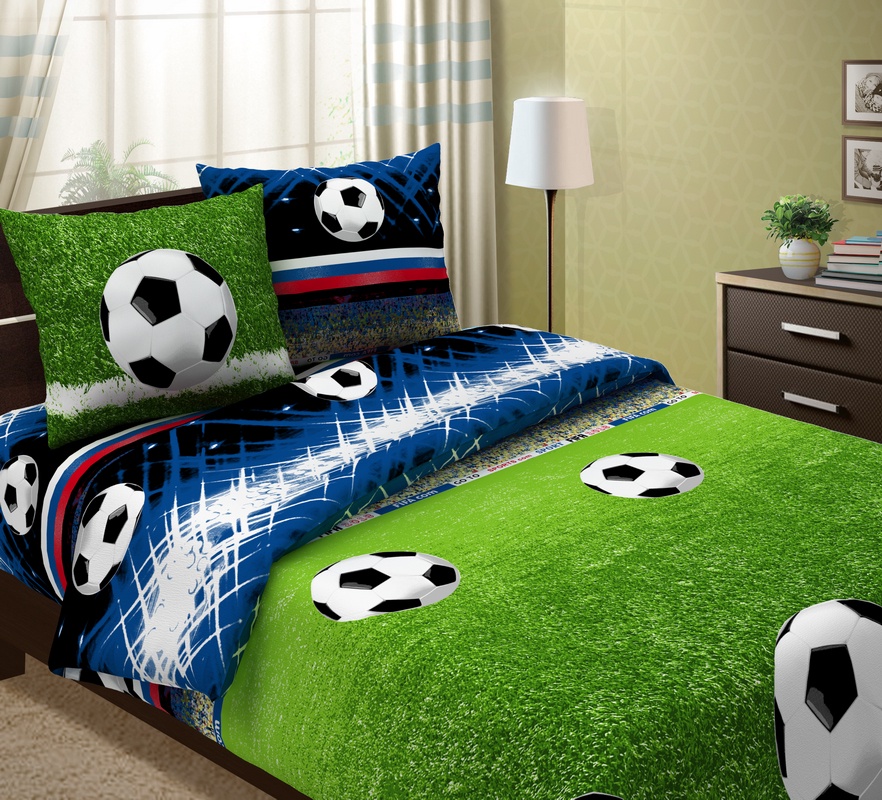 фото Комплект постельного белья ТК Традиция "Футбол" 1103, зеленый, синий, 2-спальный, с европростыней, наволочка 70 х 70 см