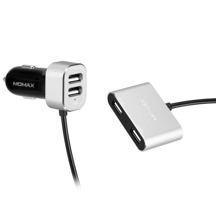 фото Автомобильное зарядное устройство Momax Car Charger UC6 2 USB порта + кабель 2 метра на 2 USB порта, серый металлик