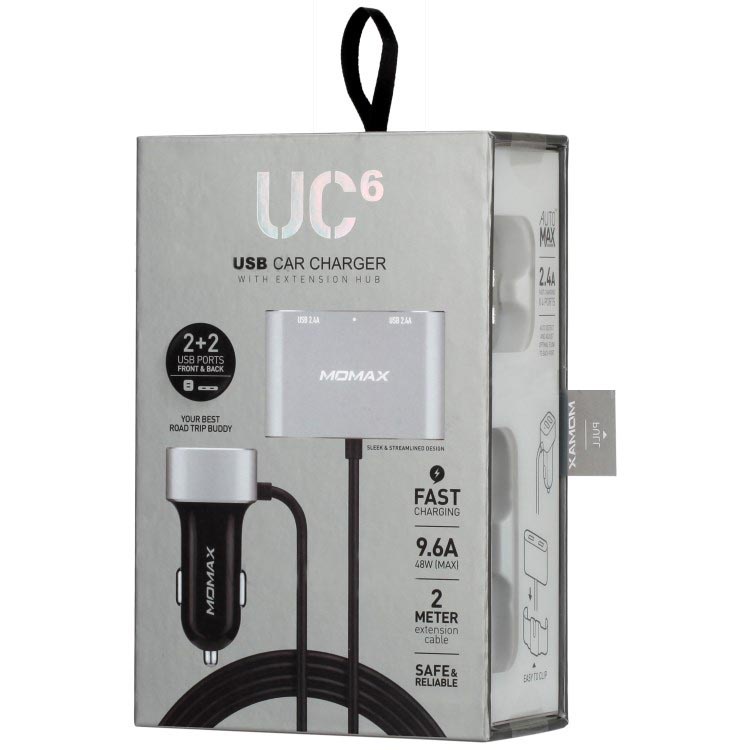 фото Автомобильное зарядное устройство Momax Car Charger UC6 2 USB порта + кабель 2 метра на 2 USB порта, серый металлик