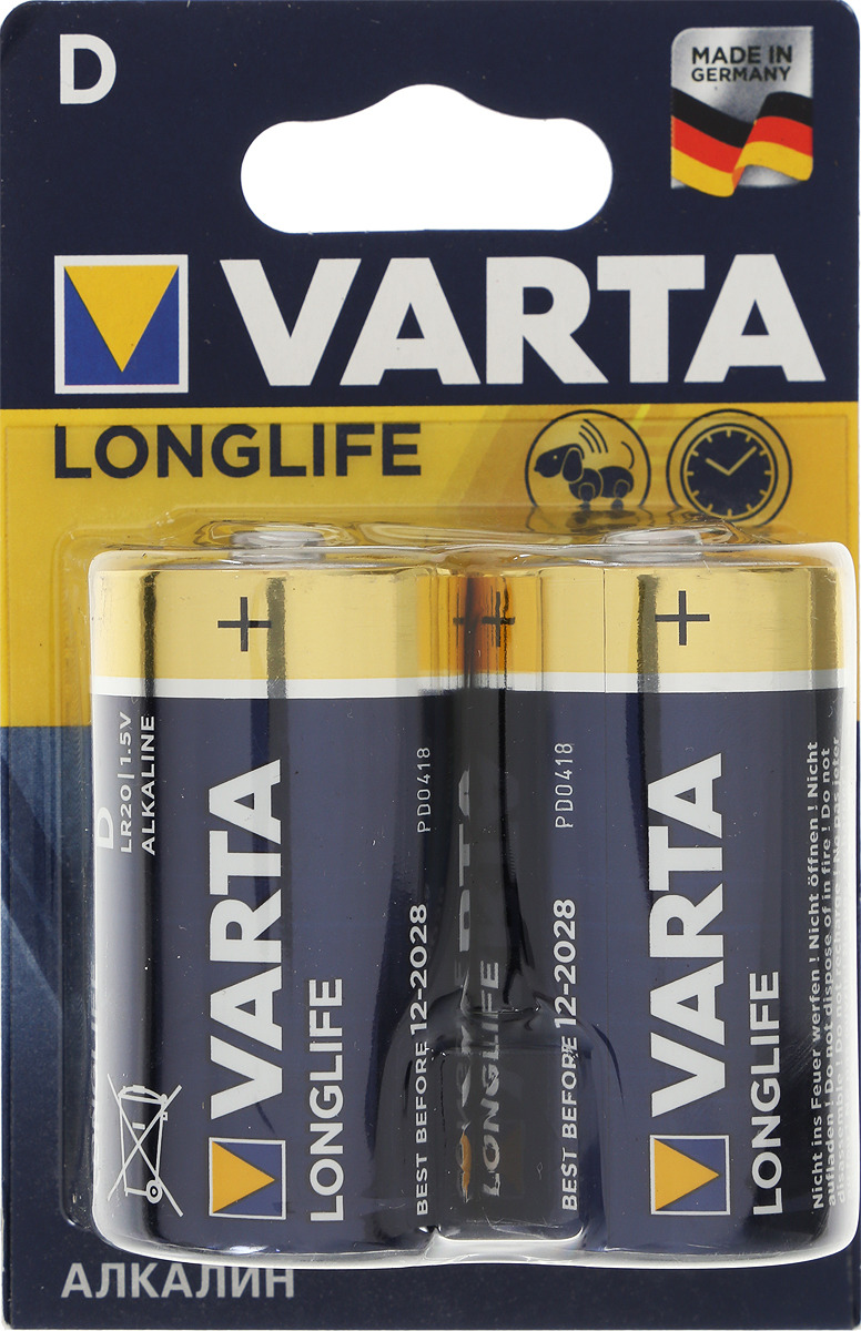 фото Батарейка Varta "Longlife", тип D (LR20), 1,5В, 2 шт