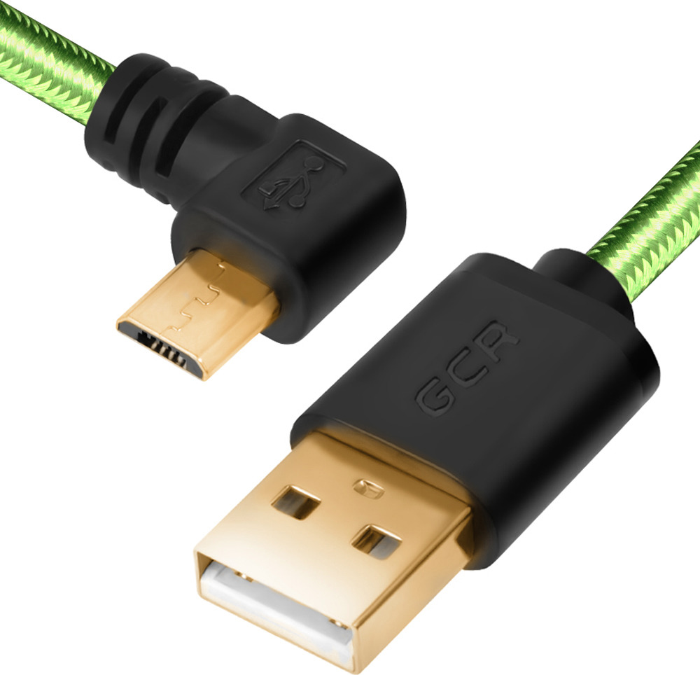 Кабель Greenconnect, micro USB 2.0, AM/microB 5pi, угловой, ультрагибкий, армированный, морозостойкий, 1 м, зеленый, черный