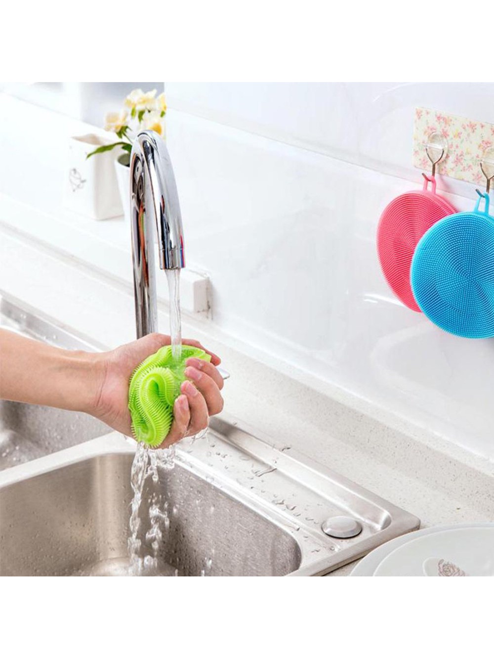 фото Губка силиконовая для мытья посуды, овощей, многофукнциональная щетка силиконовая для кухни (синяя) Blonder home