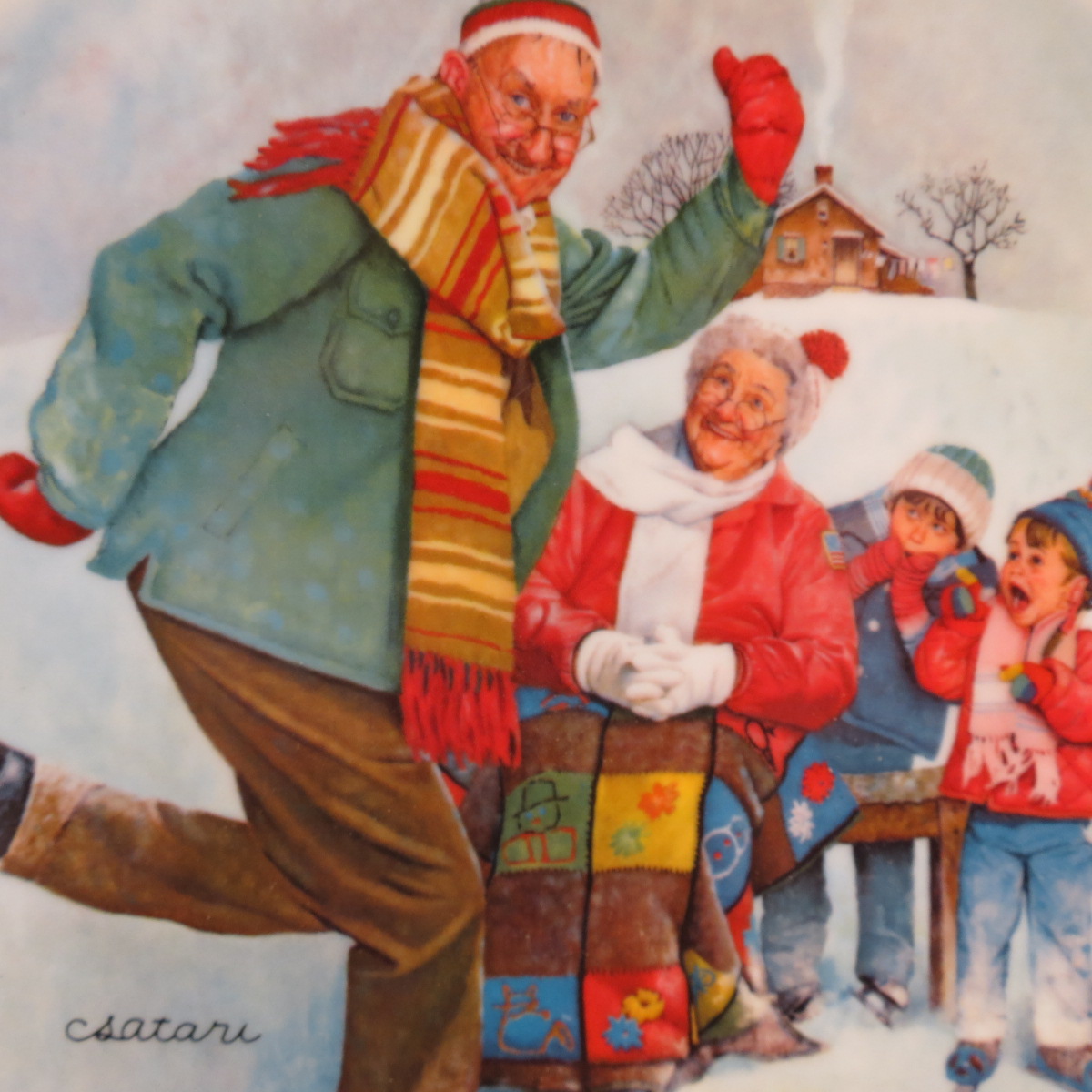 фото Декоративная тарелка "Дедушка и бабушка: Урок катания на коньках". Фарфор, деколь. США, Edwin M.Knowles China Company, Джозеф Ксатари, 1981