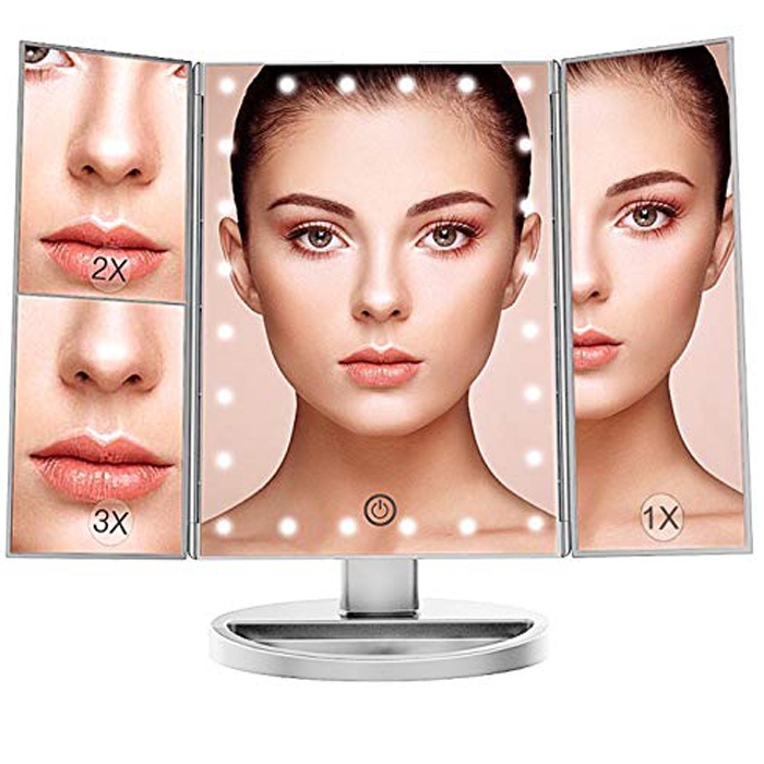 фото Зеркало косметическое VenusShape Настольное зеркало для макияжа с подсветкой раскладное — сенсорный экран, 22 LED лампы, серебристое , MIR-SV