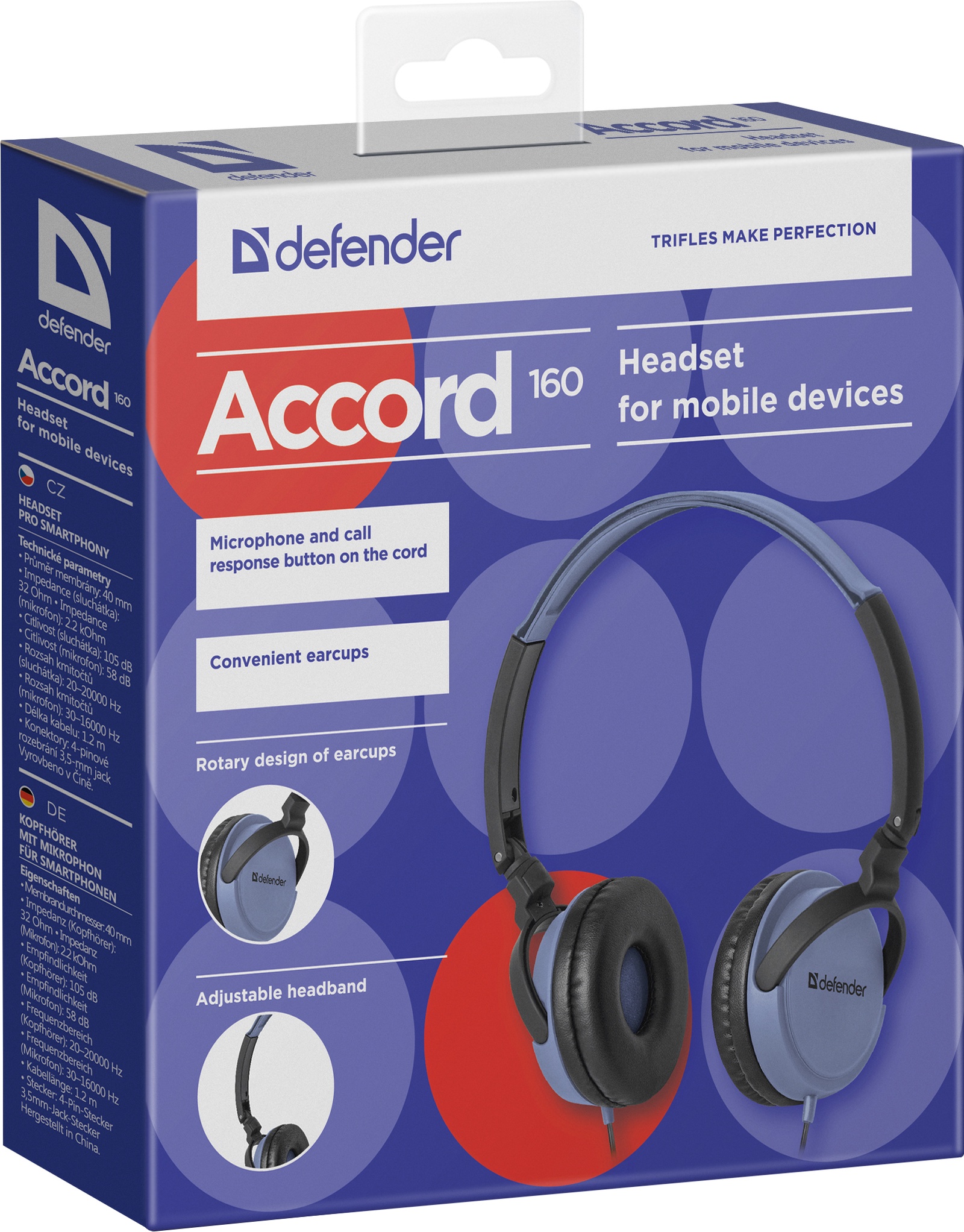 фото Гарнитура для смартфонов Defender Accord 160 черный+синий, кабель 1,2 м