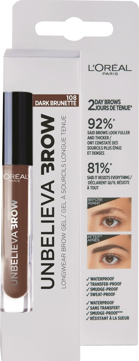 фото Тинт для бровей L'Oreal Paris Unbelieva Brow, водостойкий, оттенок 108, Темный брюнет, 3,4 мл