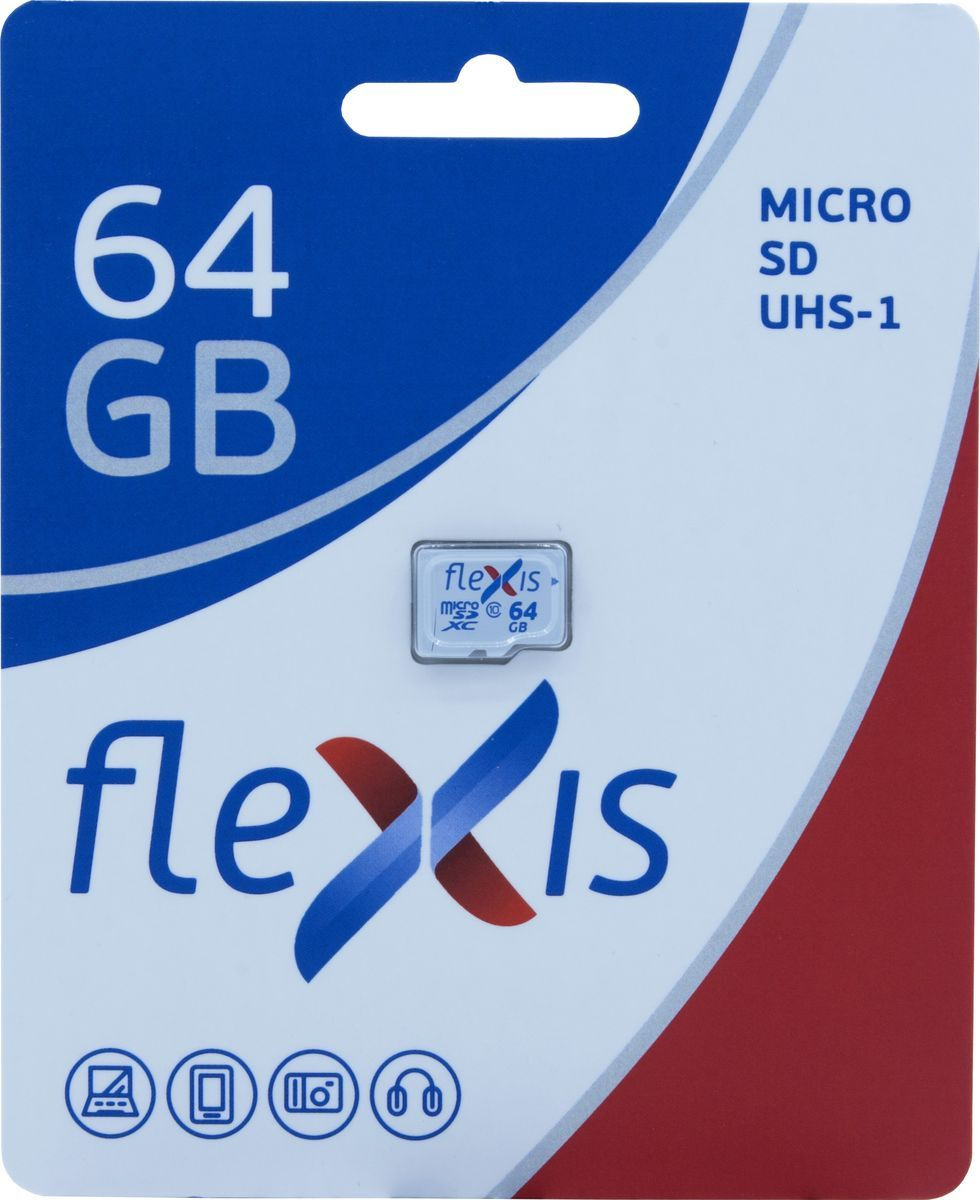 фото Карта памяти Flexis microSDXC 64GB UHS-I Class 10 U1 без адаптера, FMSD064GU1, белый, черный