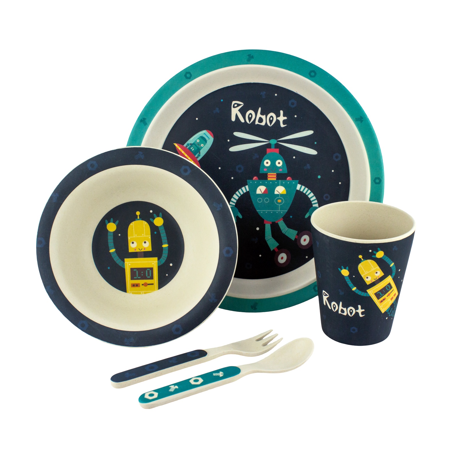 фото Набор посуды для кормления Molly&Pops Робот, 2000000000510, синий, желтый, бежевый