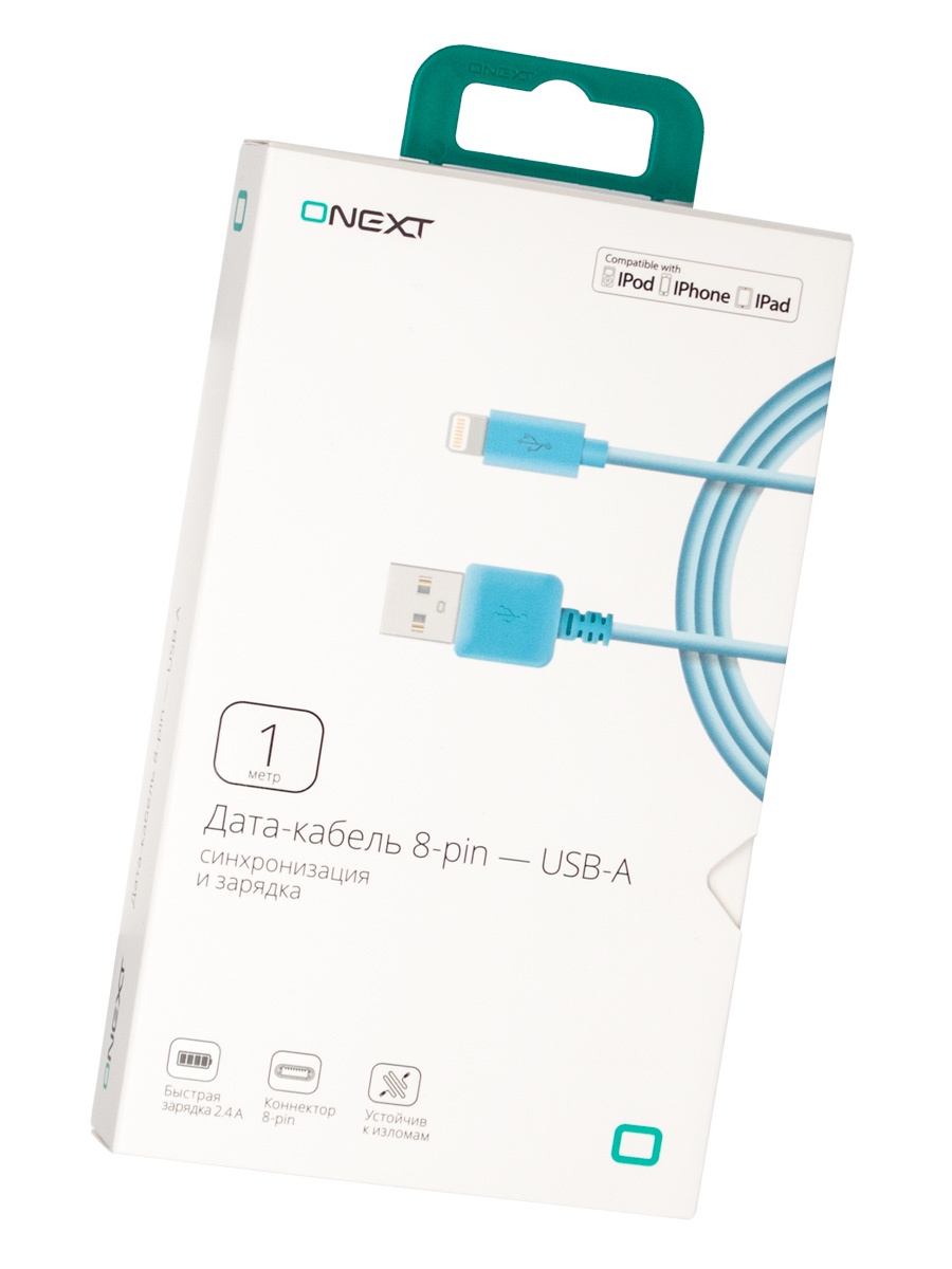 фото Кабель Onext lightning 8-pin - USB-A, 1 м, ТПЭ, голубой