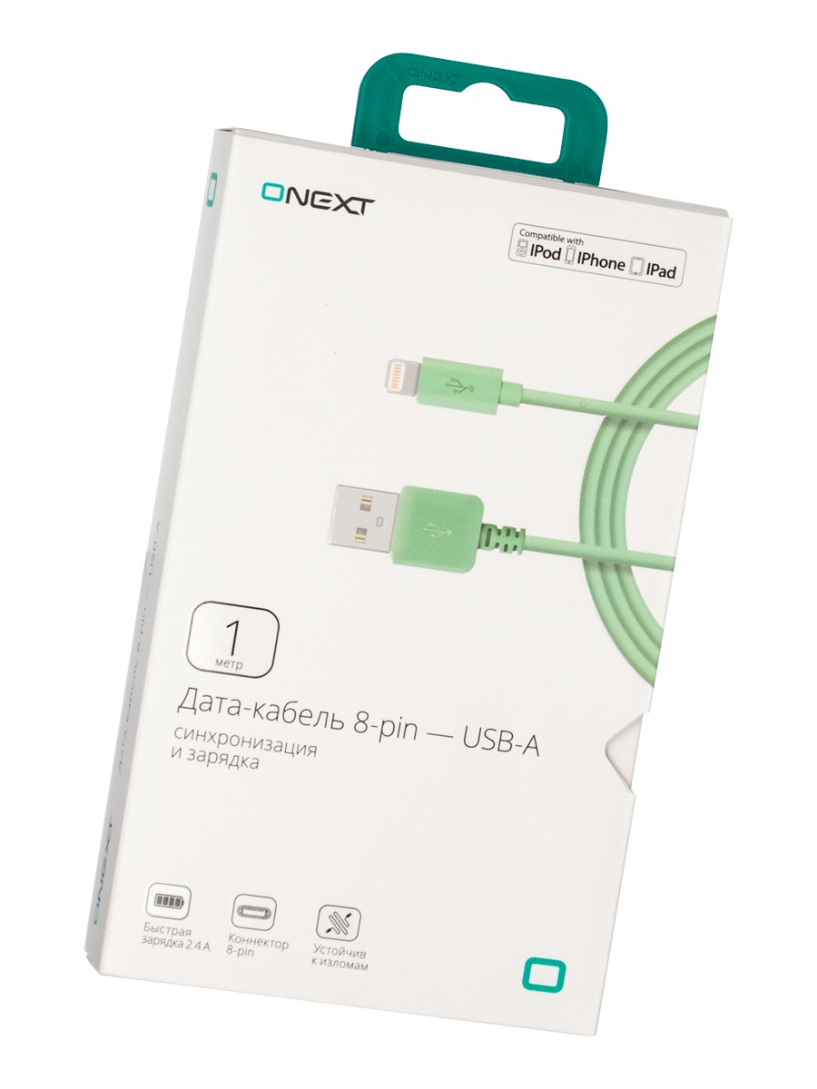 фото Кабель Onext lightning 8-pin - USB-A, 1 м, ТПЭ, зеленый