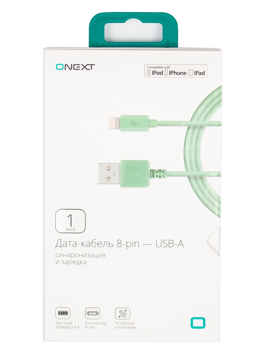 фото Кабель Onext lightning 8-pin - USB-A, 1 м, ТПЭ, зеленый