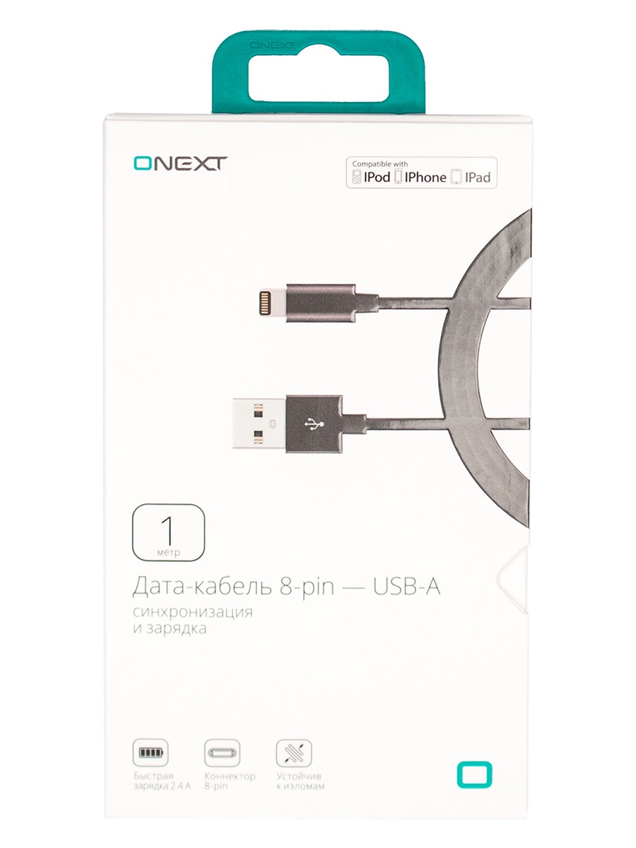 фото Кабель Onext lightning 8-pin - USB-A, 1 м, ТПЭ, черный