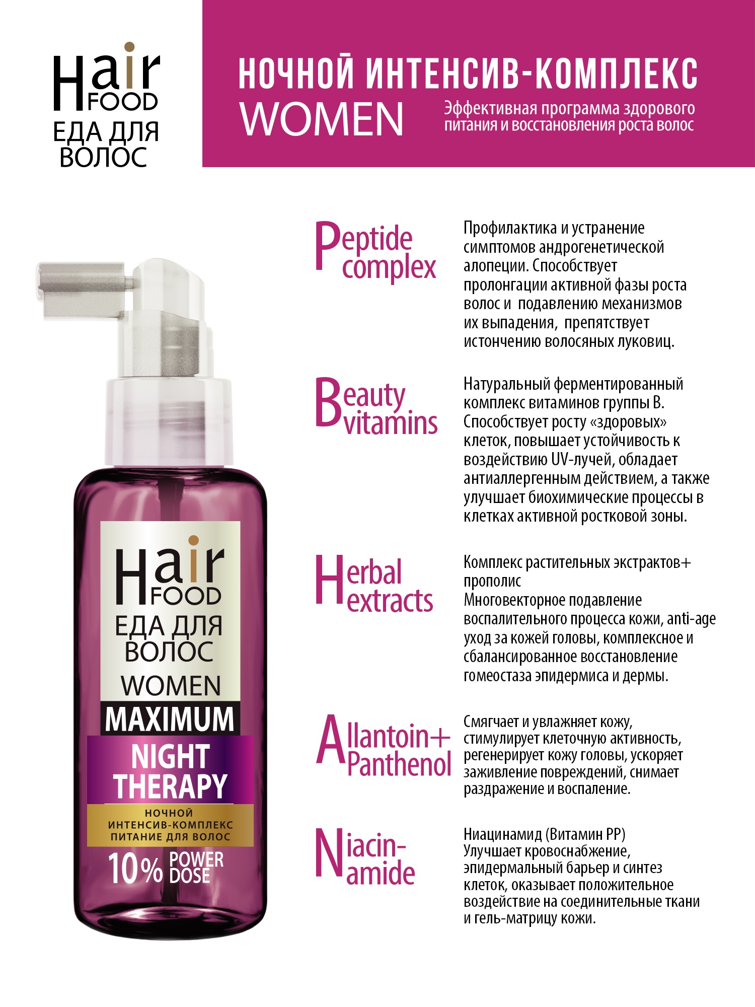 фото Средство для лечения кожи головы и волос HairFood Ночной Интенсив комплекс WOMEN MAXIMUM 10 %