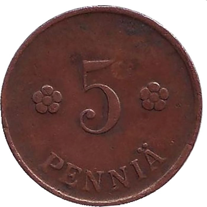 Монета номиналом 5 пенни. Финляндия, 1919
