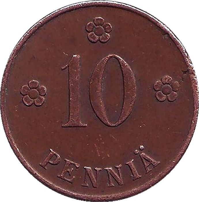 Монета номиналом 10 пенни. Финляндия, 1919