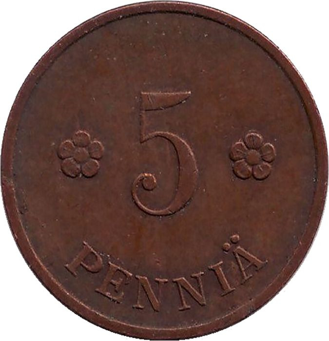 Монета номиналом 5 пенни. Финляндия, 1937