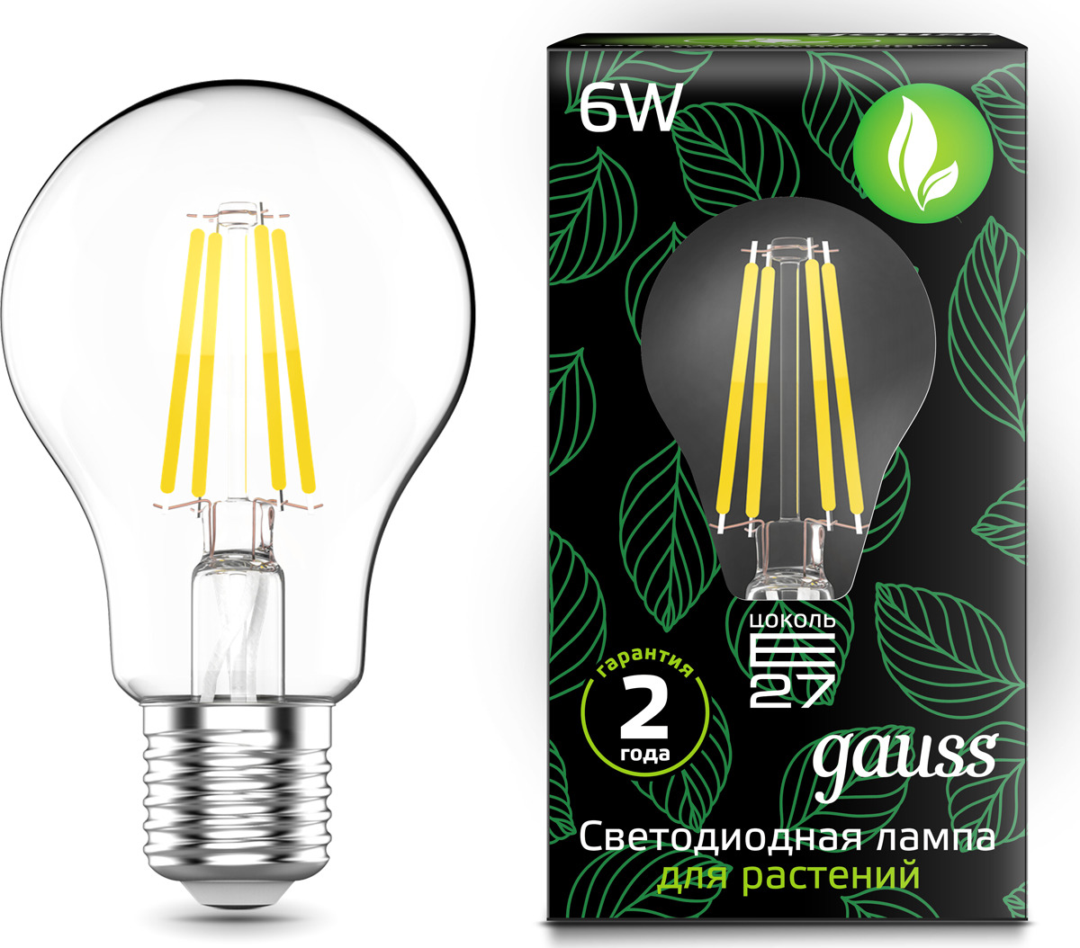 фото Лампа специальная Gauss Black LED Fito Filament А60 E27 6W, Дневной свет 6 Вт, Светодиодная