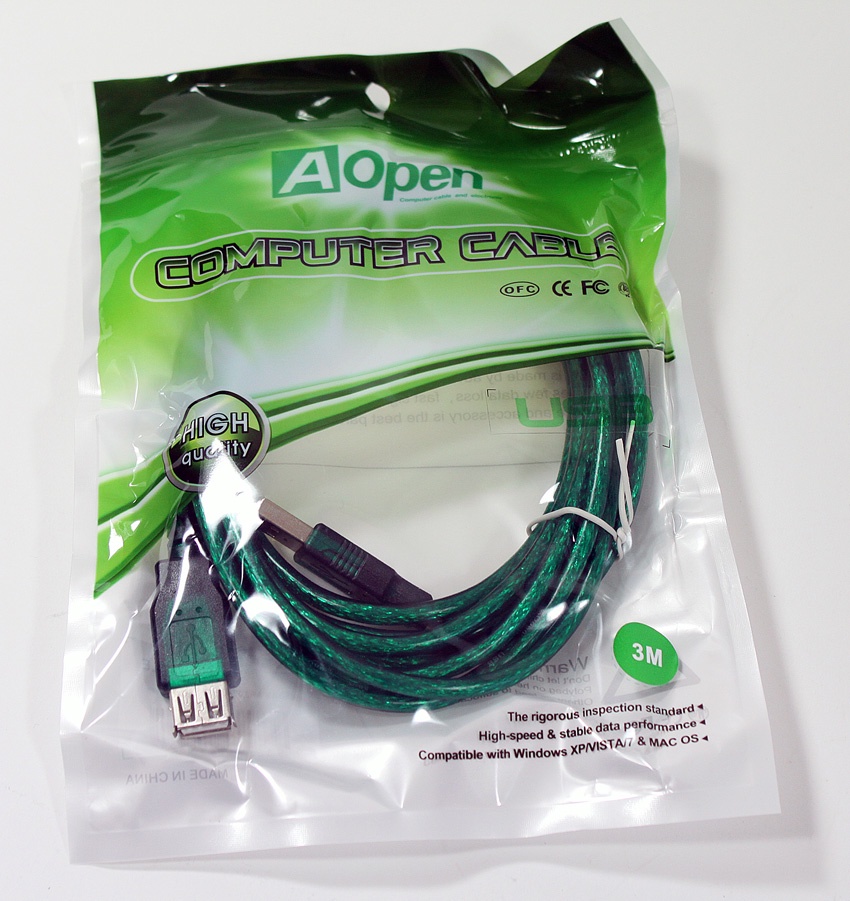 фото Кабель AOPEN USB2.0 AM-AF, ACU202-3MTG, зеленый, прозрачный