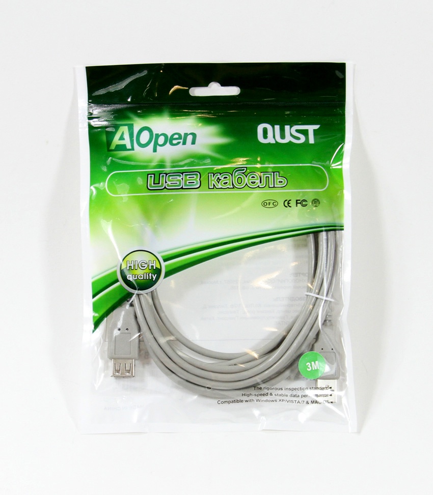 фото Кабель AOPEN USB2.0 AM-AF, ACU202G-3M, серый