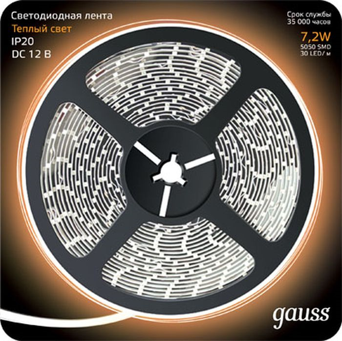 Светодиодная лента Gauss Black, 312000107, LED, 5050/30-SMD, 7.2W, 12V, DC, теплый белый, 5 м