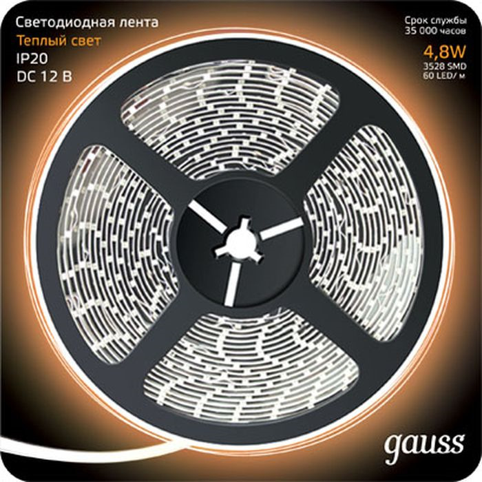 Светодиодная лента Gauss Black, 312000105, LED, 2835/60-SMD, 4.8W, 12V, DC, теплый белый, 5 м