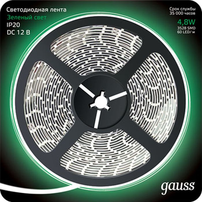 Светодиодная лента Gauss Black, 312000605, LED, 2835/60-SMD, 4.8W, 12V, DC, зеленый, 5 м