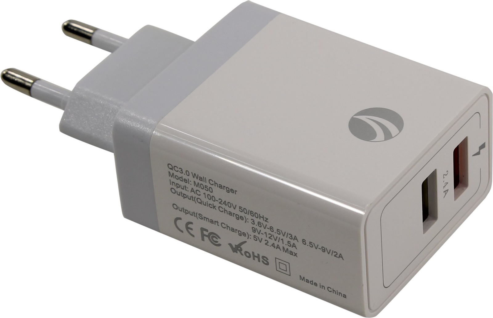 фото Зарядное устройство VCOM 2 а AC EU Plug 100-220V → USB, IC, Quick Charge 3.0 M050 CA-M050, CA-M050