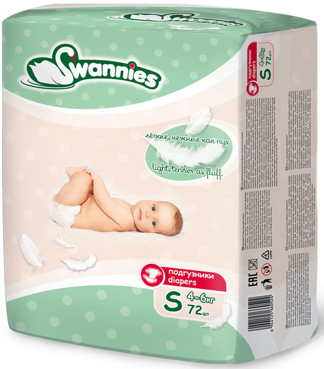 Подгузники Swannies, размер S, 4-6 кг, 72 шт