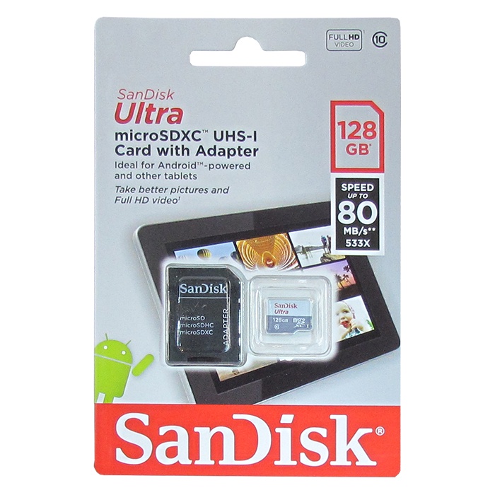 фото Карта памяти SanDisk microSDXC Class 10 UHS-I U1 SDSQUNS-128G-GN6TA 128GB , адаптер SD, цвет: бело-серый