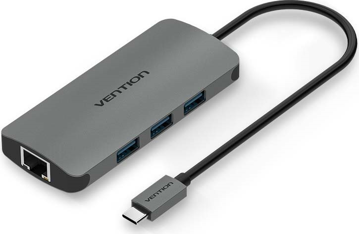 Сетевой адаптер Vention USB Type C M/ Gigabit Ethernet RJ45 F + OTG хаб USB 3.0 на 3 порта, серый металлик