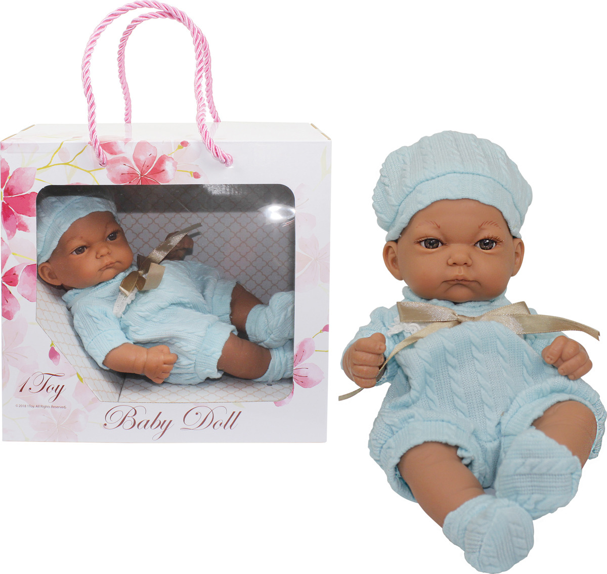 Пупс 1TOY Premium Baby Doll 25 см, Т15468, в голубом комбинезоне, пинетках и шапочке