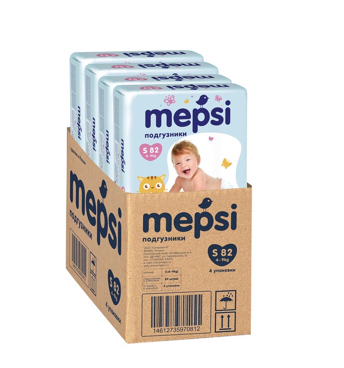 Подгузники Mepsi, 145, размер S, 82 шт, 4 упаковки