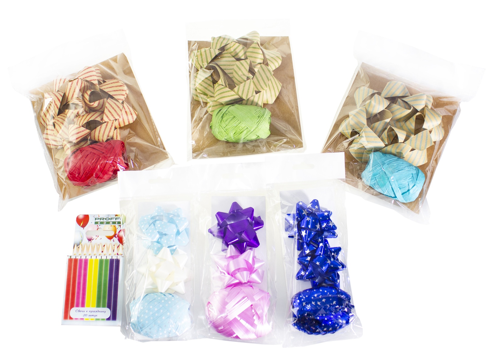 фото Подарочная упаковка PROFFI набор, декоративные банты, декоративная лента, свечи к празднику, PH10320, красный, зеленый, синий, голубой, розовый