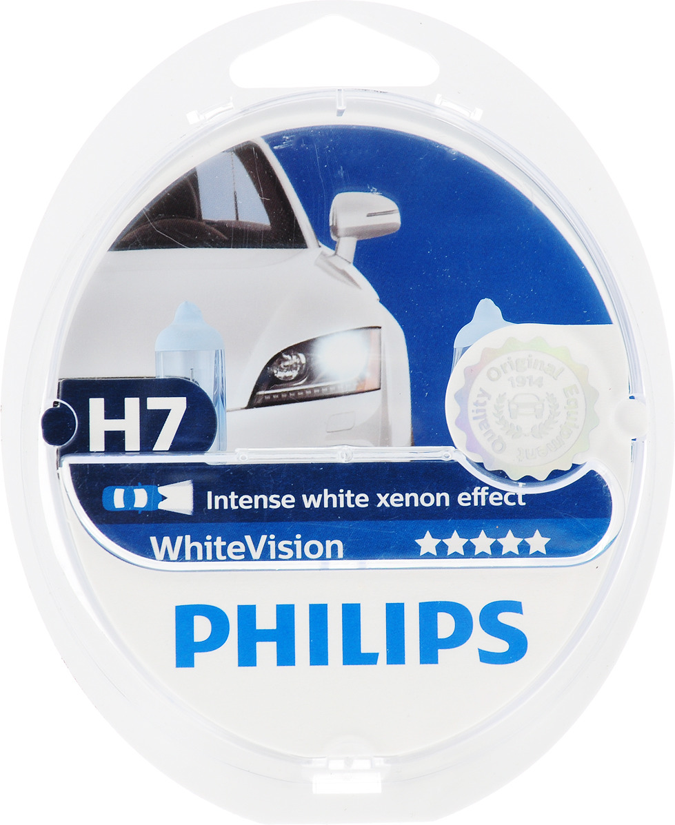 фото Галогенная автомобильная лампа Philips White Vision 3700K H7 12V-55W абсолютно белый свет +W5W 12V-5W W2,1x9,5d WHV по 2 шт. 12972WHVSM