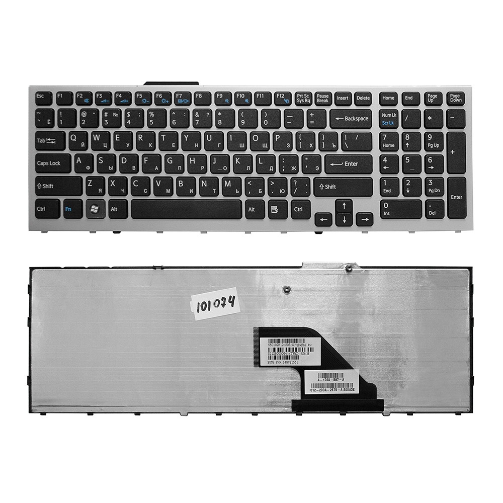 Клавиатура TopOn Sony Vaio VPC-F11, VPC-F12, VPC-F13 Series. Плоский Enter. С серебристой рамкой. PN: 148781561, 9Z.N3S82.201., KB-101074, черный