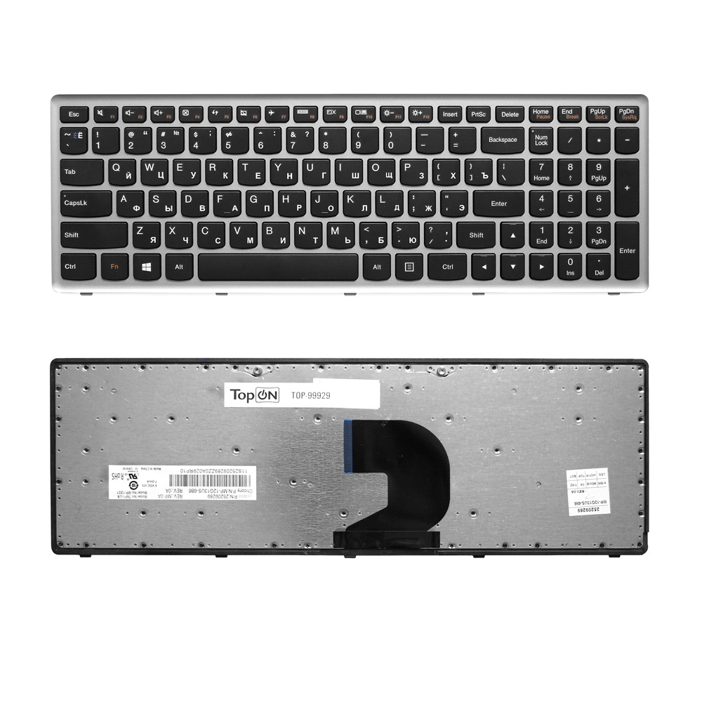 Клавиатура TopOn Lenovo IdeaPad IdeaPad P500, Z500 Series. Плоский Enter. С серой рамкой. PN: PK130SY1F00, 9Z.N8RSC.40R., TOP-99929, черный