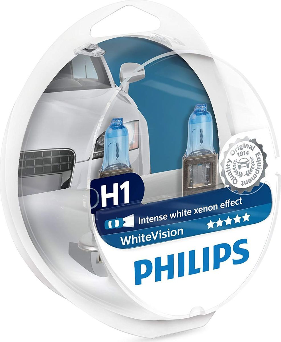 фото Лампа автомобильная галогенная Philips "WhiteVision", для фар, цоколь H1 (P14.5s), 12V, 55W, 2 шт + цоколь W5W, 12V, 5W, 2 шт