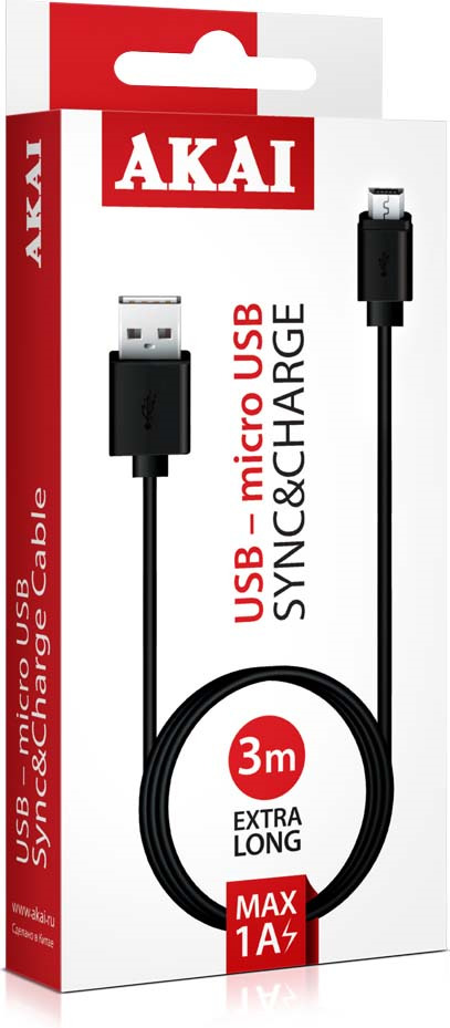 фото Дата-кабель Akai, CE-431B, разъем USB-micro USB, 1A, оплетка TPE, черный, 3 м