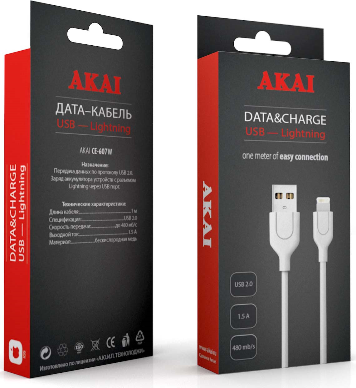 фото Дата-кабель Akai, CE-607W, USB 2.0-8-pin Apple Lightinng, белый, 1 м