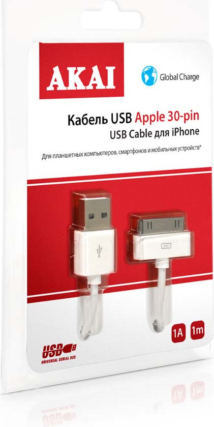 фото Дата-кабель Akai, CE-601, USB- 30 pin, оплетка TPE, белый, 1 м