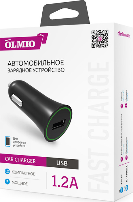фото Автомобильное зарядное устройство Olmio 38635 USB 1,2А, черный